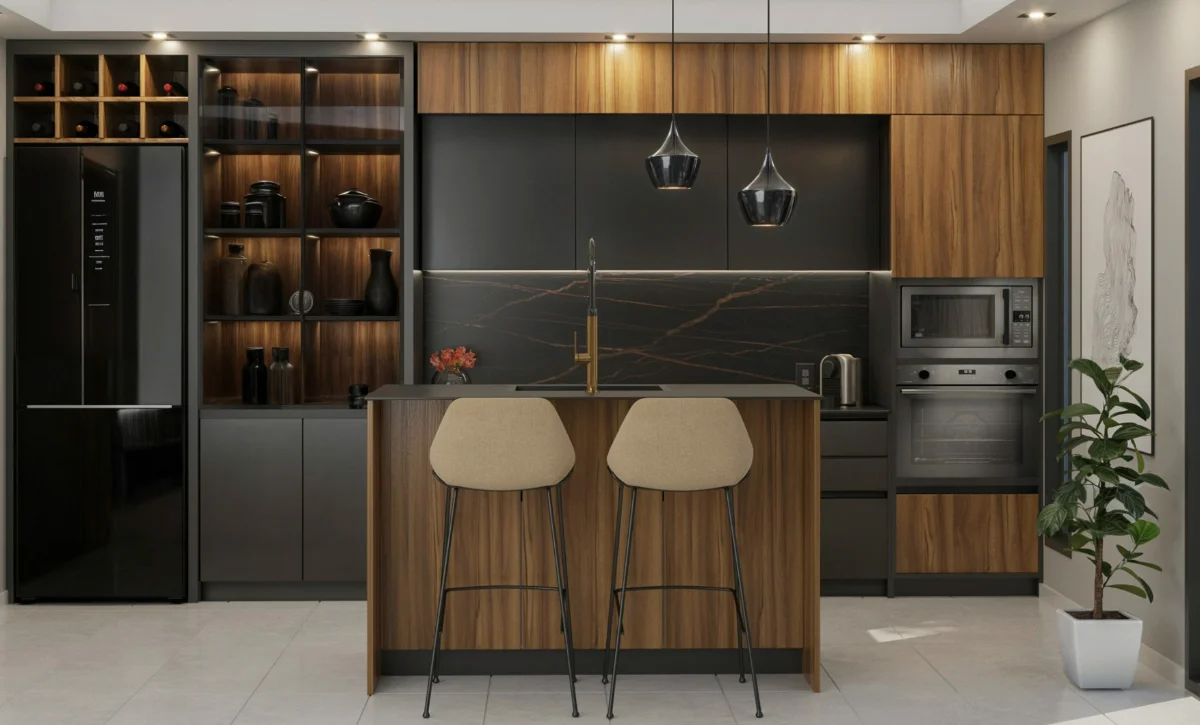 A dark walnut and painted kitchen with a lit dresser and brass fittings
