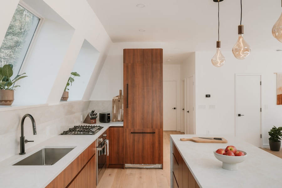 A freestanding dresser and warm timber cabinetry